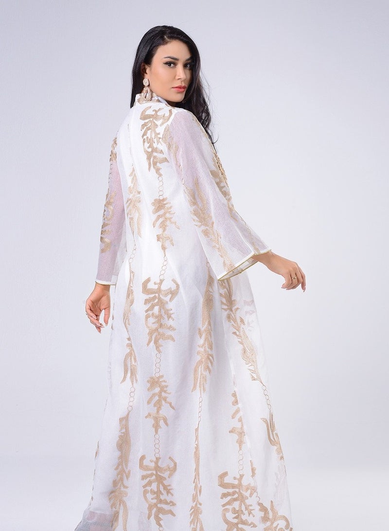 Best Gift Embroidered Abaya Dress For Women Moroccan Kaftan Turkey Arabic Jalabiya White Islamic Ethnic Robe Eid Ramadan White Color