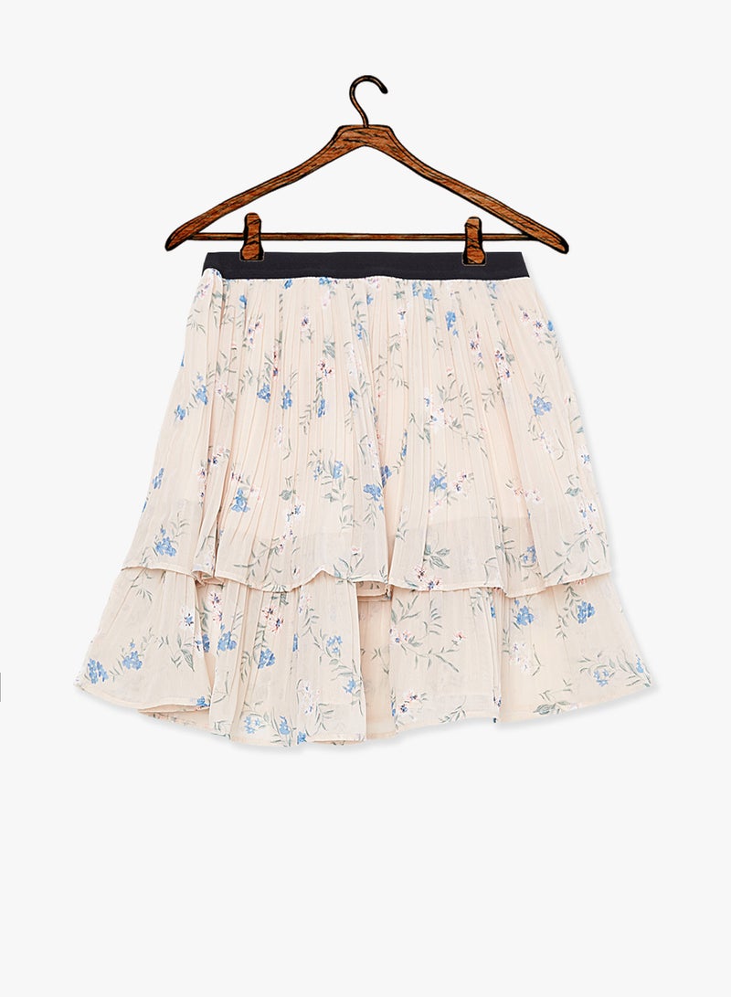 Floral Pleated Skirt Ecru