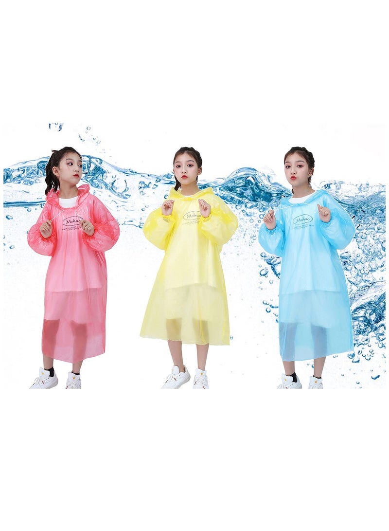 Disposable Rain Ponchos for Kids, 6 Pack Bulk Extra Thick Emergency Waterproof Raincoats with Hood Plastic Clear Travel Rain Gear for Concerts, Amusement Parks, Camping, Outdoor, Cycling, and Hiking.