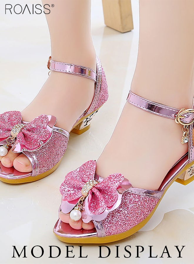 Childrens Girls Peep Toe Crystal Heels Princess Bows Pearl Sandals Dress Shoes