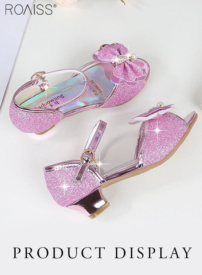 Childrens Girls Peep Toe Crystal Heels Princess Bows Pearl Sandals Dress Shoes