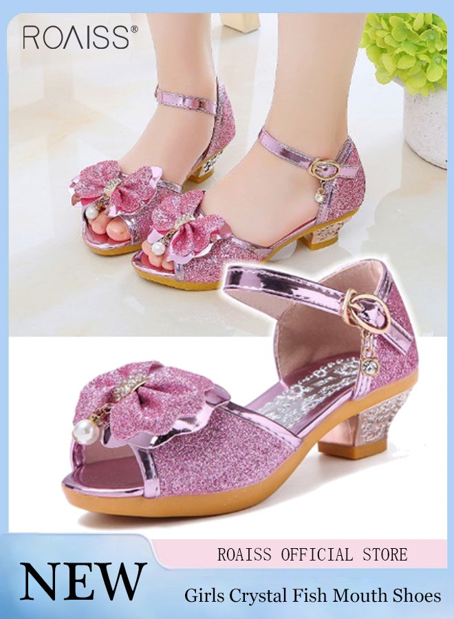 Childrens Girls Peep Toe Crystal Heels Princess Bows Pearl Sandals Dress Shoes