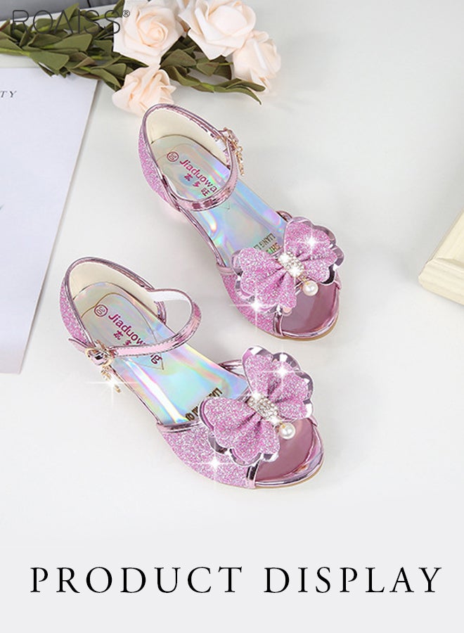 Childrens Girls Peep Toe Crystal Heels Princess Bows Pearl Sandals Dress Shoes