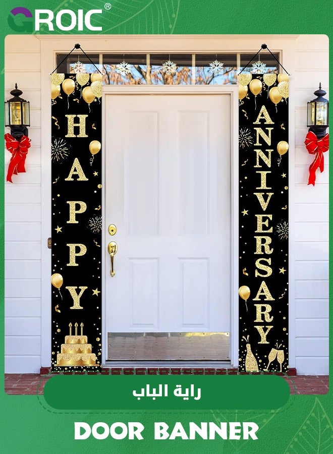 Anniversary Decorations Door Banner, Black Gold Happy Anniversary Banner Sign Party Supplies, Anniversary Party Welcome Porch Door Banner for Outdoor,Party Supplies