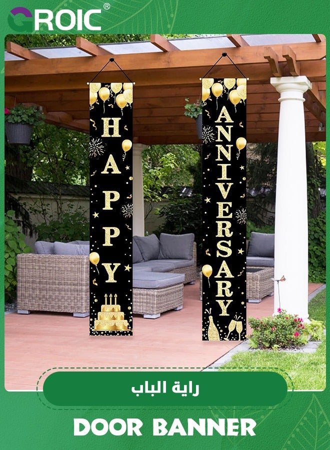 Anniversary Decorations Door Banner, Black Gold Happy Anniversary Banner Sign Party Supplies, Anniversary Party Welcome Porch Door Banner for Outdoor,Party Supplies