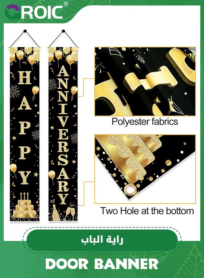 Anniversary Decorations Door Banner, Black Gold Happy Anniversary Banner Sign Party Supplies, Anniversary Party Welcome Porch Door Banner for Outdoor,Party Supplies