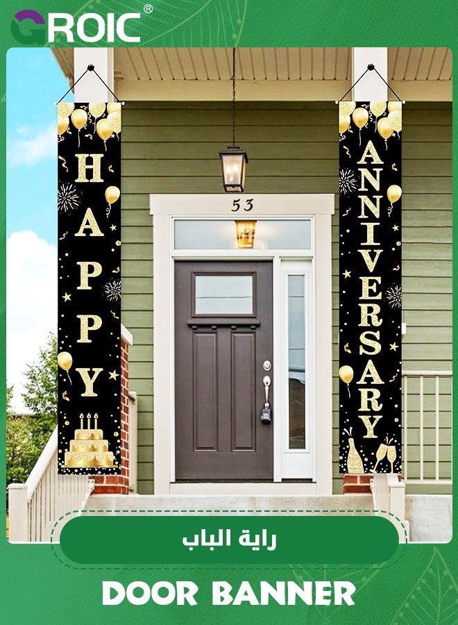 Anniversary Decorations Door Banner, Black Gold Happy Anniversary Banner Sign Party Supplies, Anniversary Party Welcome Porch Door Banner for Outdoor,Party Supplies