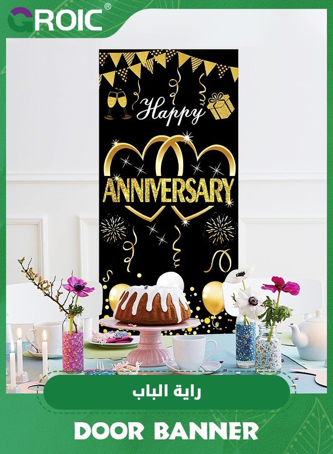 Happy Anniversary Door Banner Backdrop Decorations,Large Wedding Anniversary Party Door Cover Sign Supplies,Black Gold Anniversary Photo Booth Poster,Party Supplies