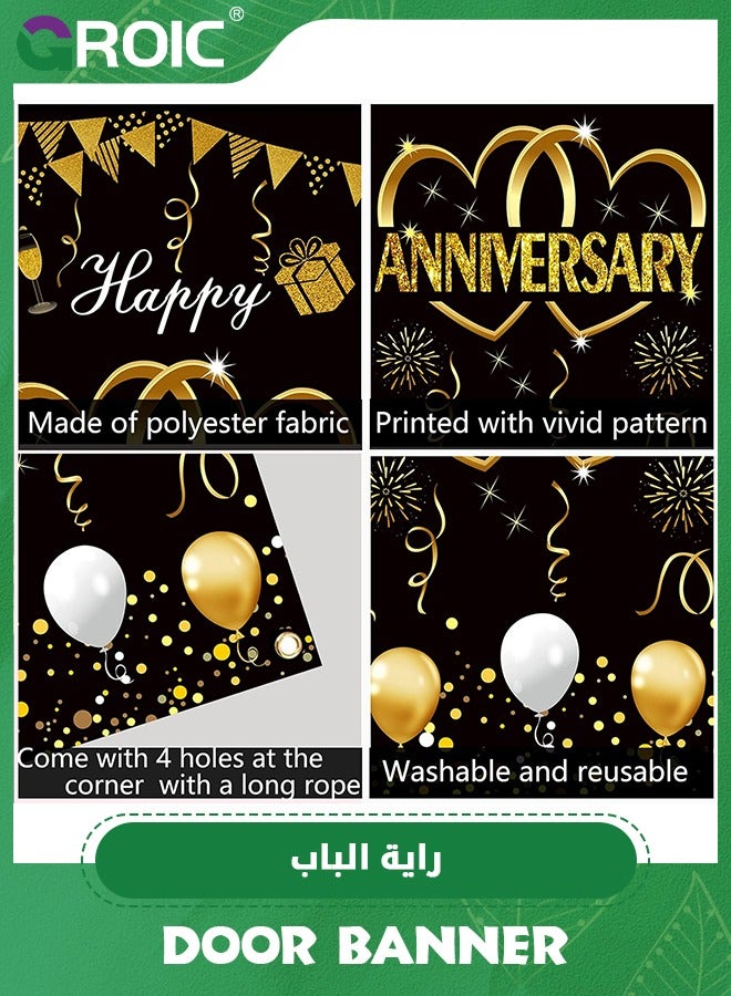 Happy Anniversary Door Banner Backdrop Decorations,Large Wedding Anniversary Party Door Cover Sign Supplies,Black Gold Anniversary Photo Booth Poster,Party Supplies