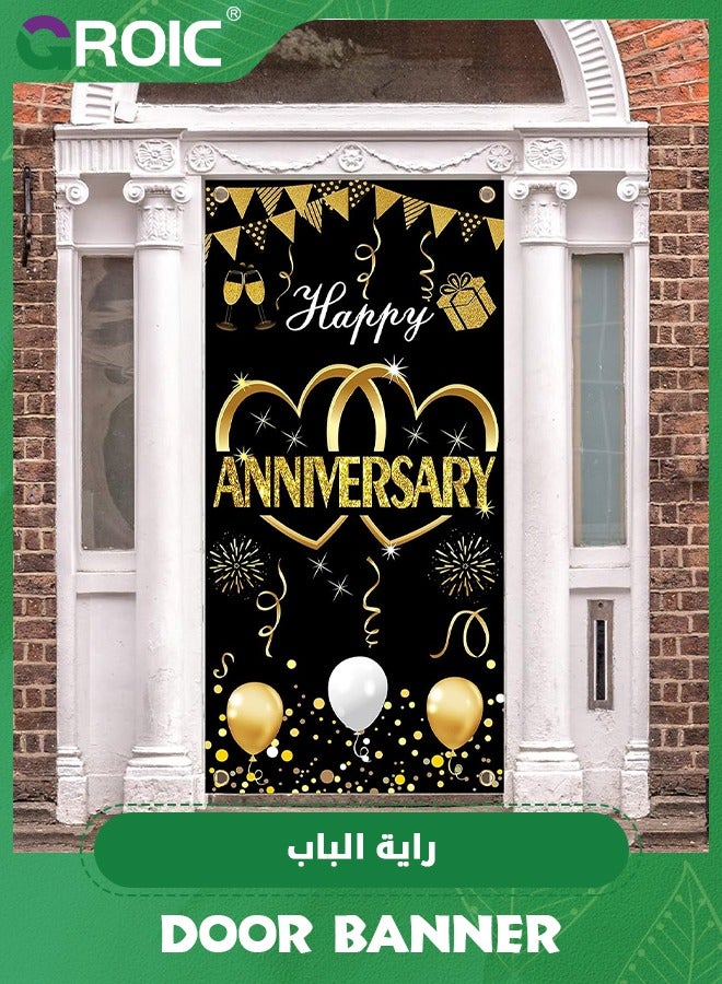 Happy Anniversary Door Banner Backdrop Decorations,Large Wedding Anniversary Party Door Cover Sign Supplies,Black Gold Anniversary Photo Booth Poster,Party Supplies