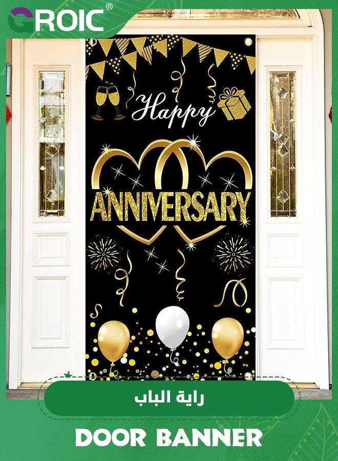 Happy Anniversary Door Banner Backdrop Decorations,Large Wedding Anniversary Party Door Cover Sign Supplies,Black Gold Anniversary Photo Booth Poster,Party Supplies