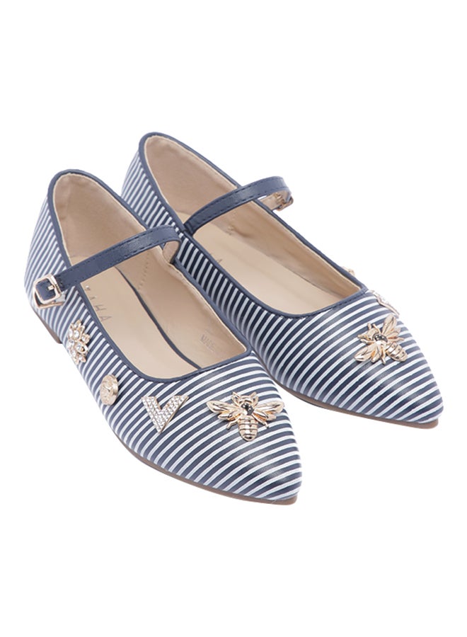 Girls Striped Charms Embellished Mary Janes Blue/White