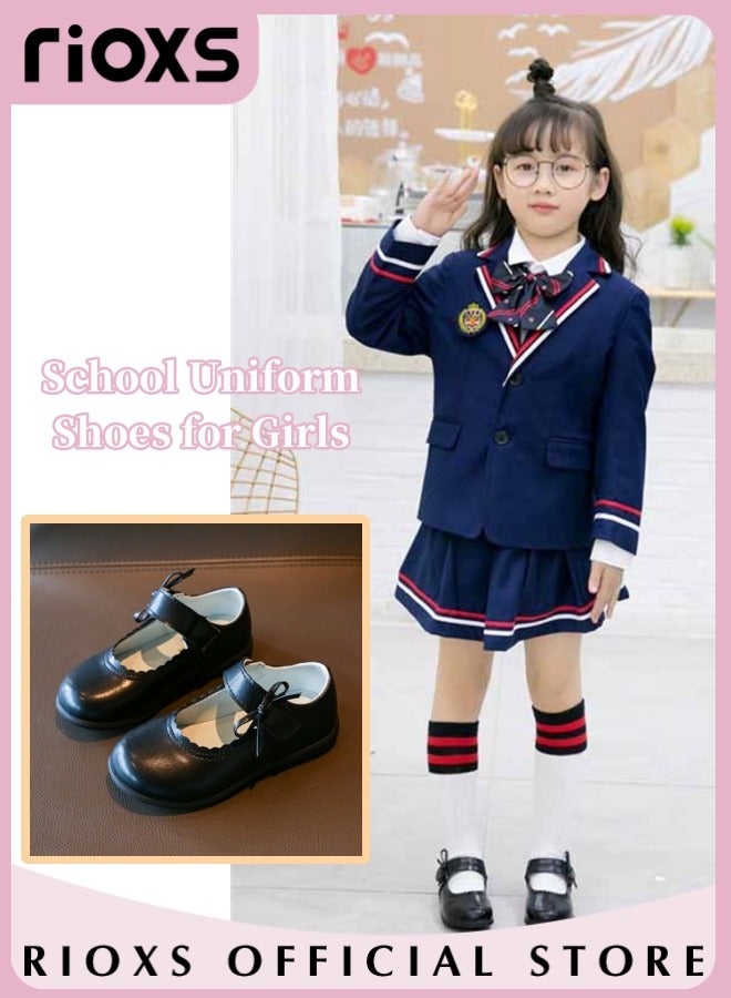 Girls Princess Leather Shoes Mary Jane Dance Flats Low Heel School Uniform Shoes With Bowknot