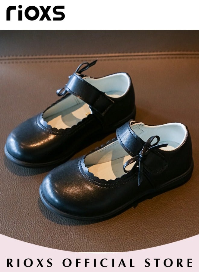 Girls Princess Leather Shoes Mary Jane Dance Flats Low Heel School Uniform Shoes With Bowknot