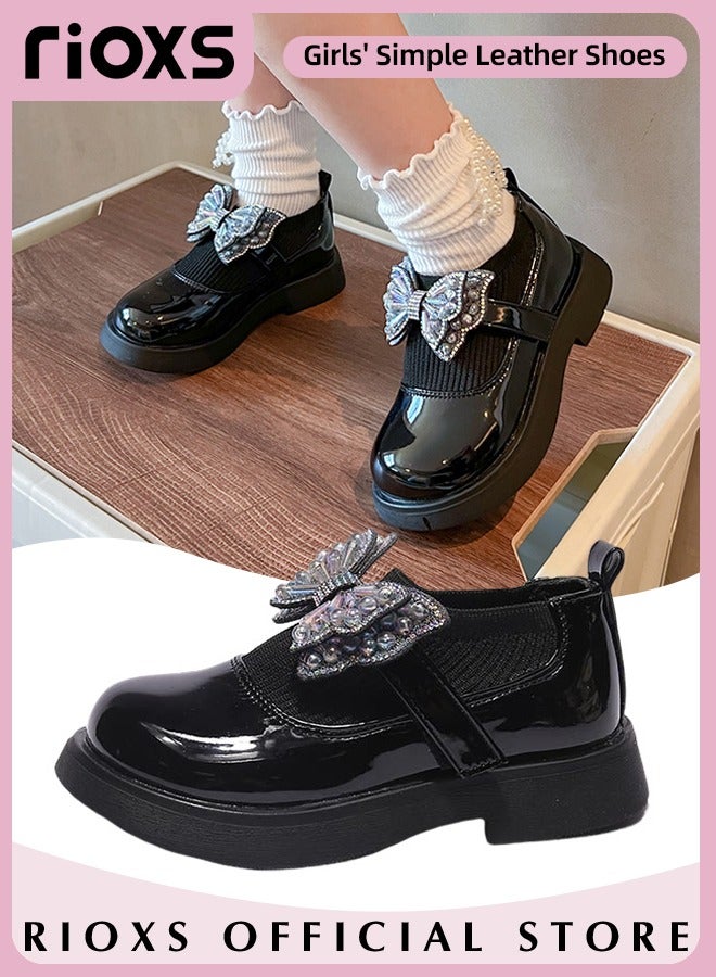 Girls' Bowknot Flat Loafers Closed Round Toe Patent Leather Fashion Slip-On Shoes Low Heel School Uniform Shoes for Special Occasions and Casual Wear