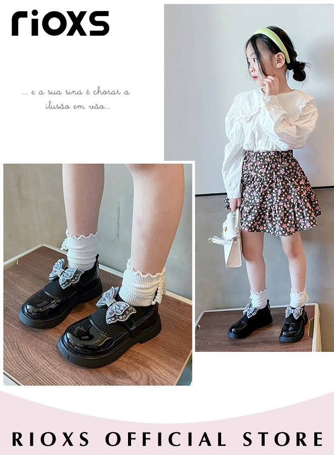 Girls' Bowknot Flat Loafers Closed Round Toe Patent Leather Fashion Slip-On Shoes Low Heel School Uniform Shoes for Special Occasions and Casual Wear