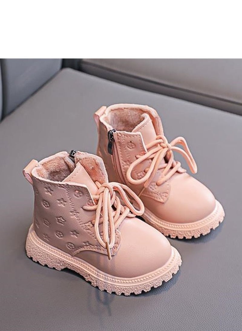 English Side Zipper With Fleece Ankle Boots Pink