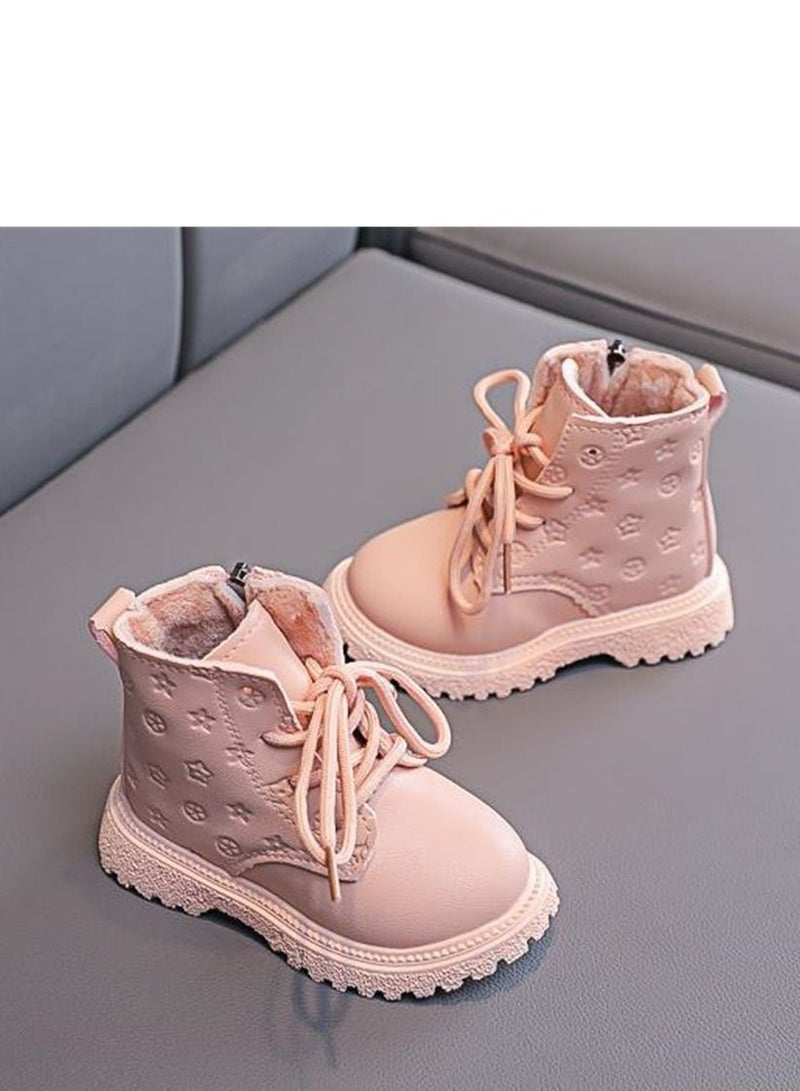 English Side Zipper With Fleece Ankle Boots Pink