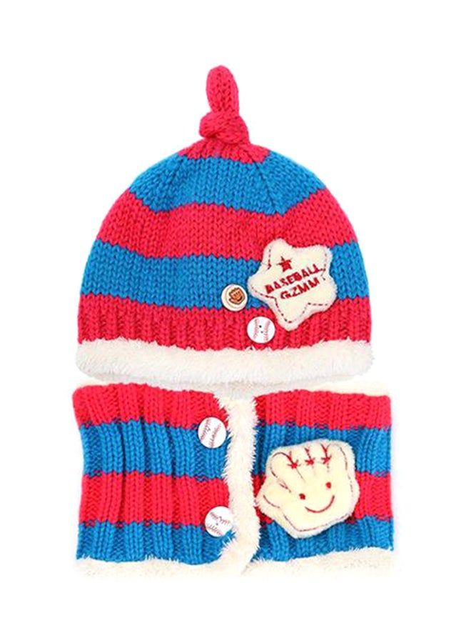 Warm Knitted Striped Beanie With Scarf Red/Blue