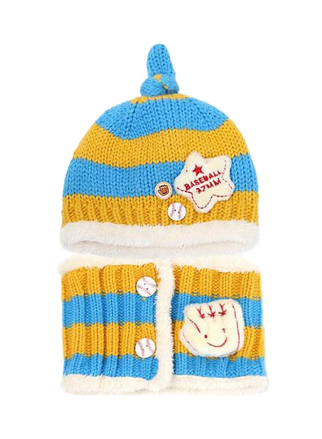 Warm Knitted Striped Beanie With Scarf Yellow/Blue