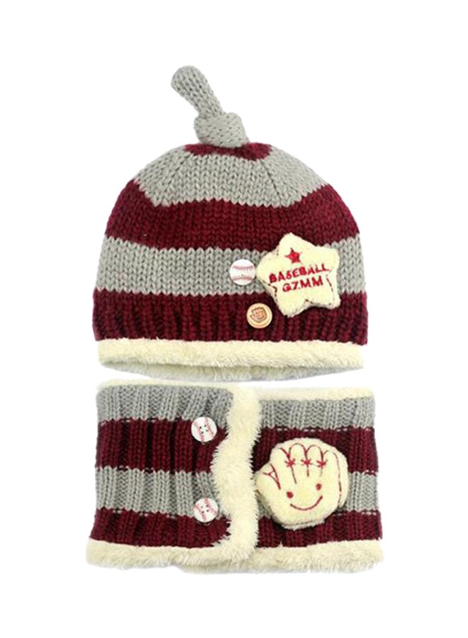 Warm Knitted Striped Beanie With Scarf Grey/Burgundy