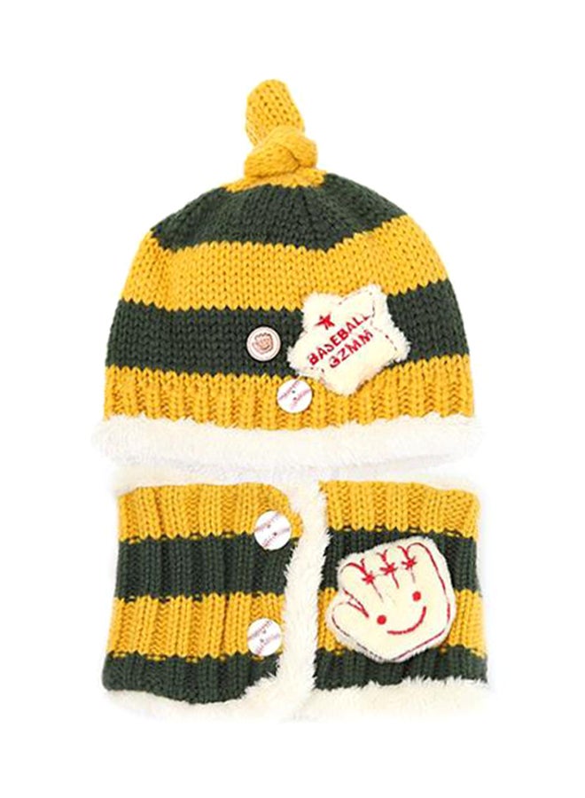 Warm Knitted Striped Beanie With Scarf Yellow/Green