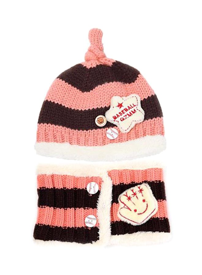 Warm Knitted Striped Beanie With Scarf Brown/Pink