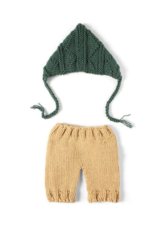 Crochet Wool Outfits Pants Hat Set Dark Green/Beige