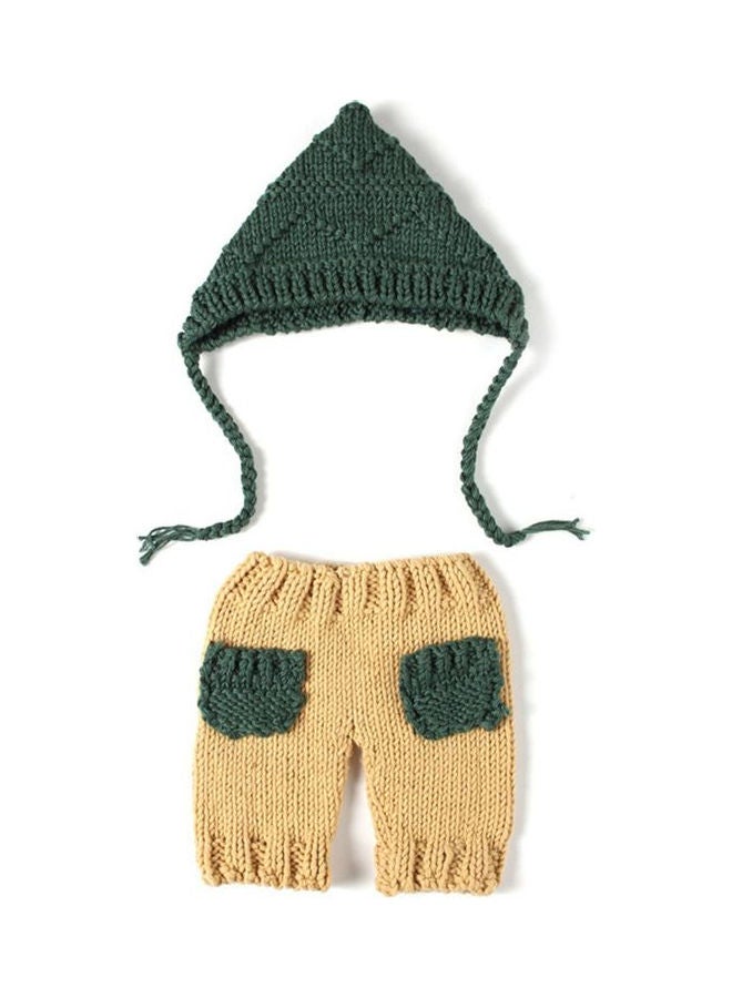 Crochet Wool Outfits Pants Hat Set Dark Green/Beige