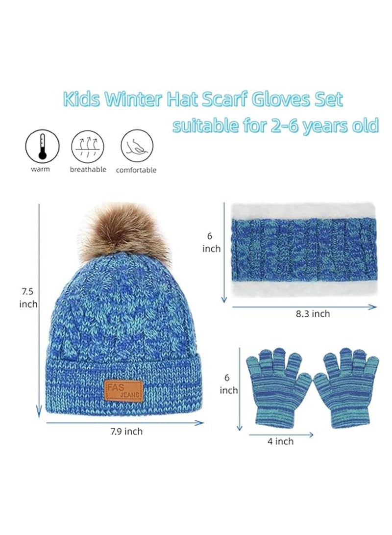 Kids Winter Beanie Hat Scarf Gloves Set for 2-6 Years Old, Toddler Winter Knit Hat Gloves Neck Warmer with Fleece Lined, Blue