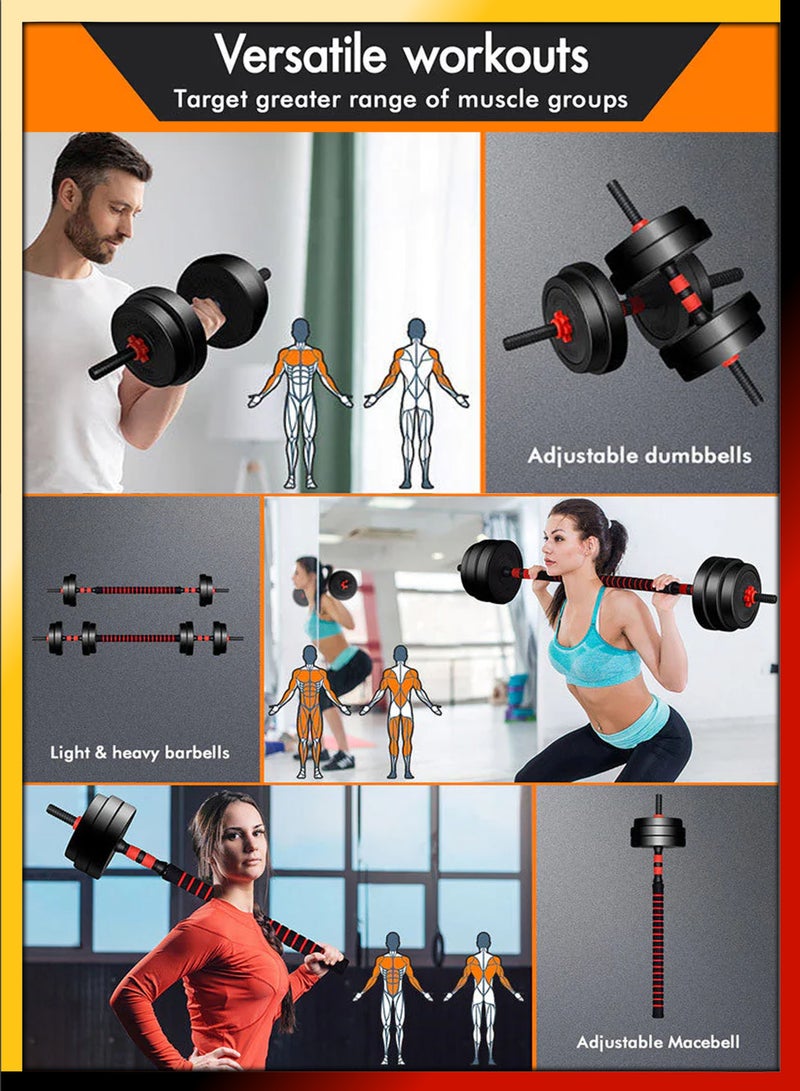 Multifunctional 3 in 1 Adjustable Dumbbell Barbell Macebell 20kg Set with Non-slip Connecting Rod Muscle Training For Men Women Body Home Gym Fitness Workout Weightlifting Exercise