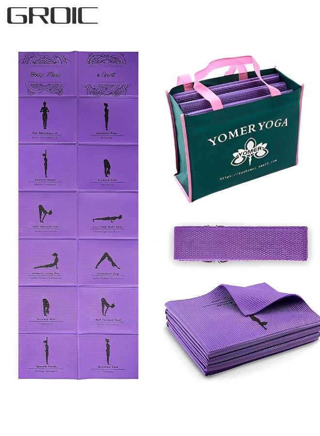 Foldable Yoga Mat with Illustrated Yoga Poses, Non Slip Exercise Mat for Home Gym, Travel Yoga Set With Stretch Strap for Yoga Pilates and Fitness