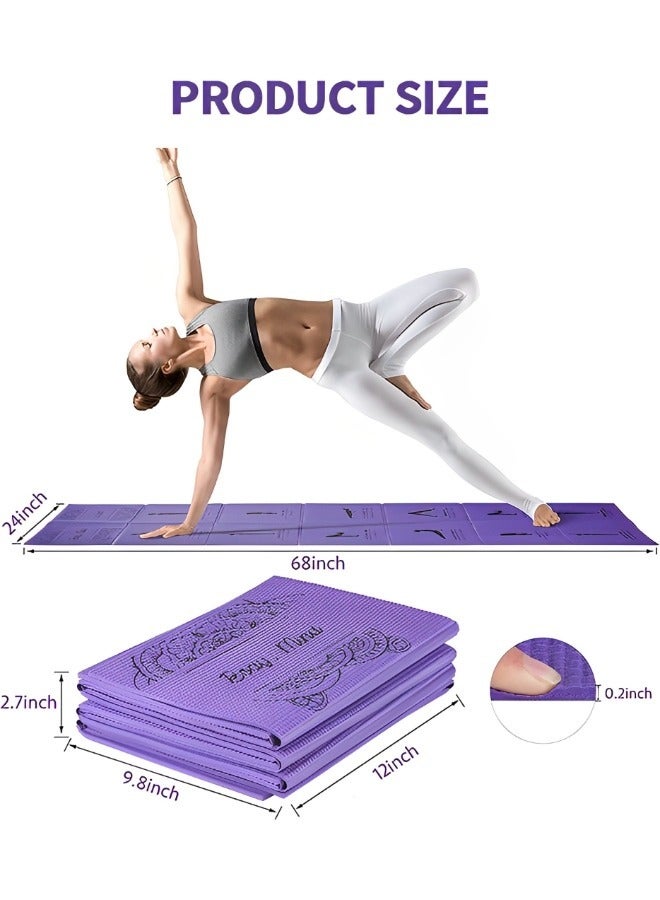 Foldable Yoga Mat with Illustrated Yoga Poses, Non Slip Exercise Mat for Home Gym, Travel Yoga Set With Stretch Strap for Yoga Pilates and Fitness