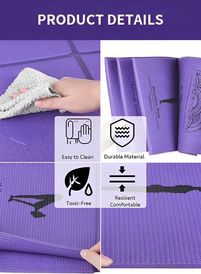 Foldable Yoga Mat with Illustrated Yoga Poses, Non Slip Exercise Mat for Home Gym, Travel Yoga Set With Stretch Strap for Yoga Pilates and Fitness