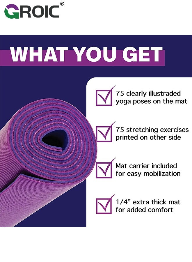 Fitness Yoga Mat for Women and Men - Large, 4mm Thick, 68 Inch *24 Inch, Non Slip Exercise Mats w/ 70 Printed Yoga Poses for Pilates, Workout and Stretching - Home and Gym Essentials