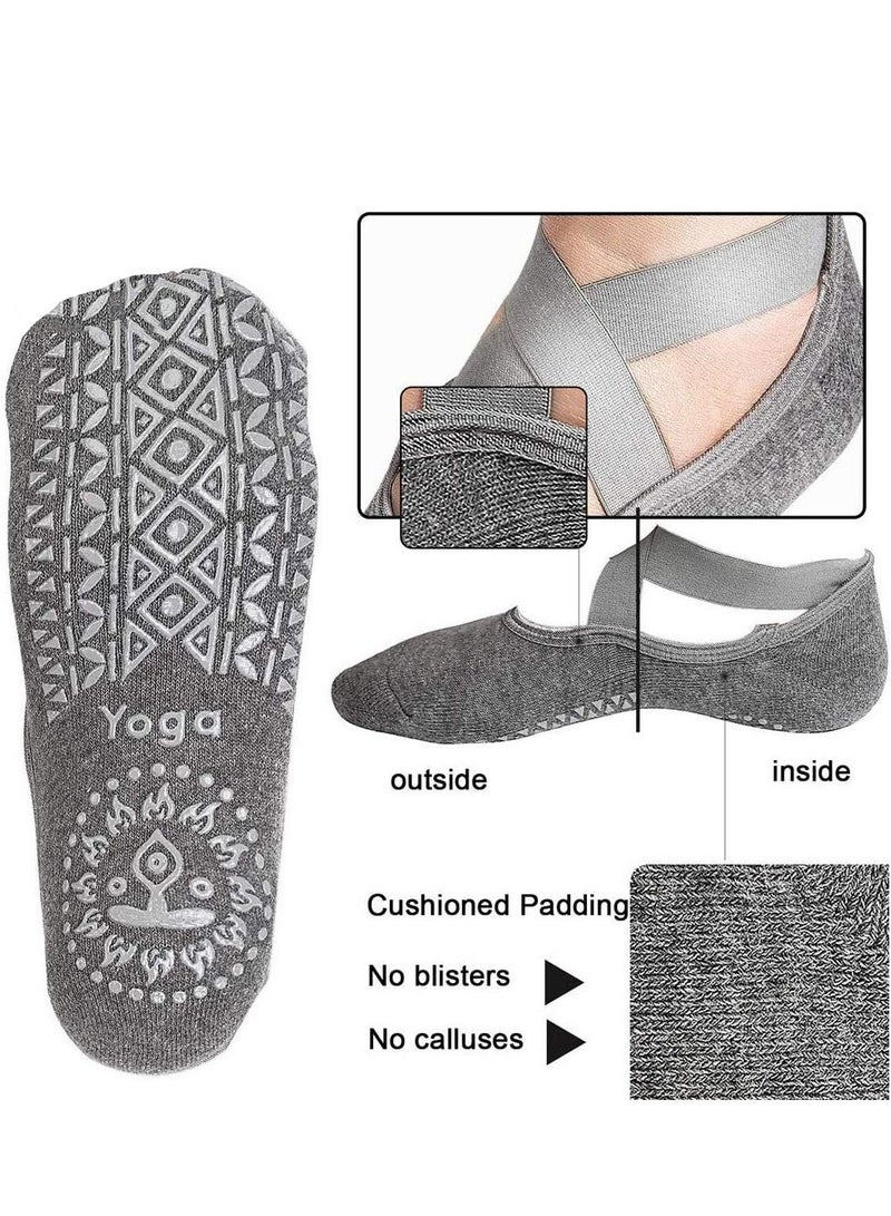 Yoga Socks for Women Non-Slip Grips & Straps with Carrying Pouch One Size Ideal for Pilates Pure Barre Ballet Dance Barefoot Workout 4 Pairs 2Black  2Grey