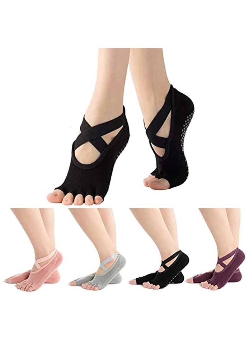 4 Pairs Non Slip Yoga Socks, Women Dress Socks Clasped Pilates Socks for Ballet Pilates Barre Dance