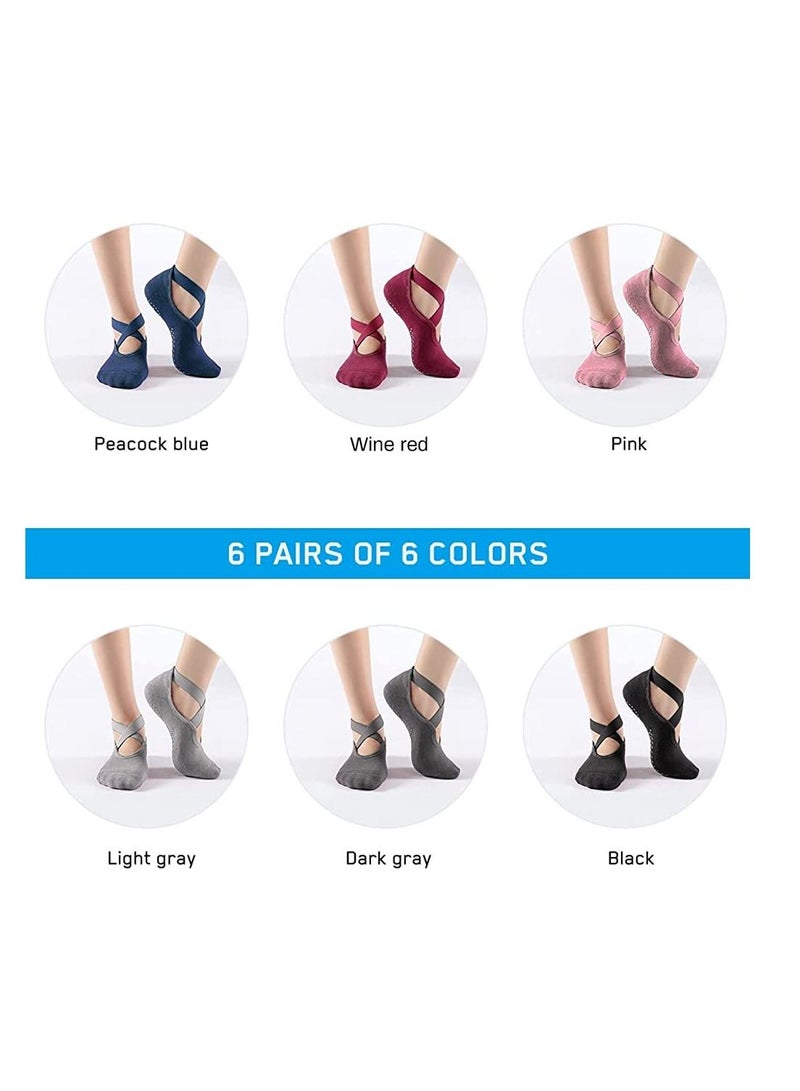 6 Pairs Yoga Socks with Grips for Women Non Slip Grip Socks Pilates Socks Fitness Socks Anti-Skid Socks for Yoga, Size 5~10
