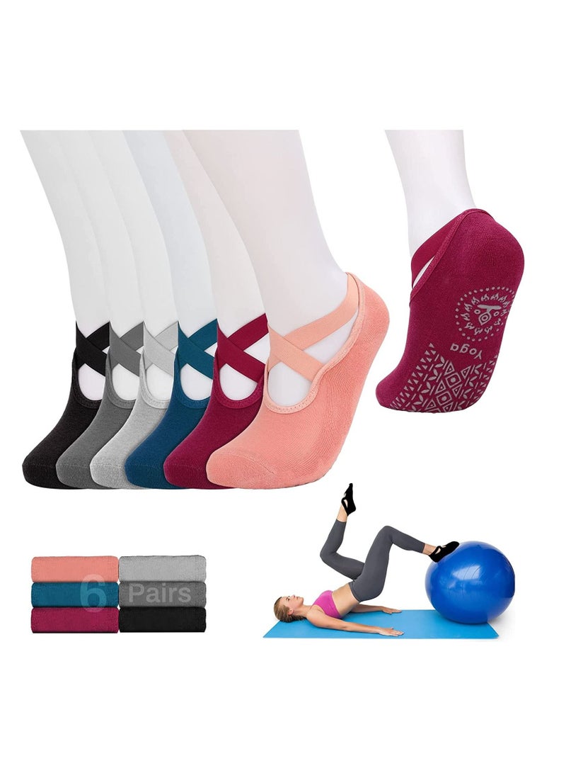 6 Pairs Yoga Socks with Grips for Women Non Slip Grip Socks Pilates Socks Fitness Socks Anti-Skid Socks for Yoga, Size 5~10