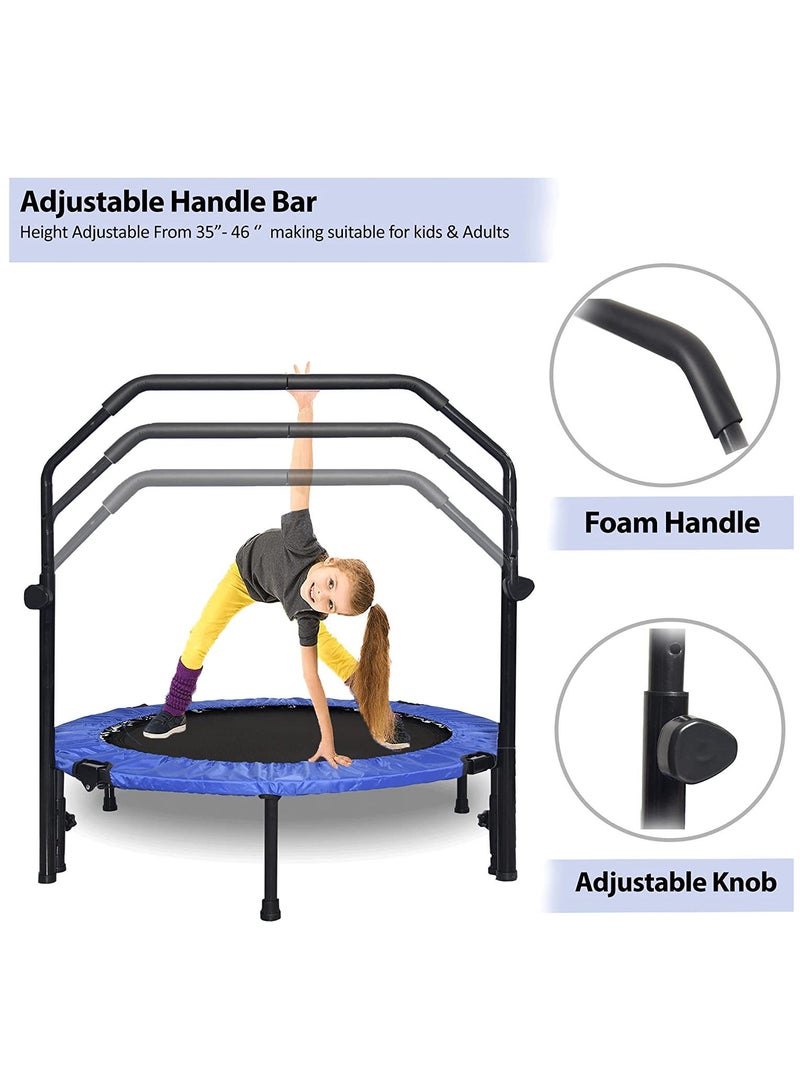 Foldable Mini Trampoline For Adults/Kids | Fitness Trampoline Rebounder With Adjustable Foam Handle | 150kg Max User Weight