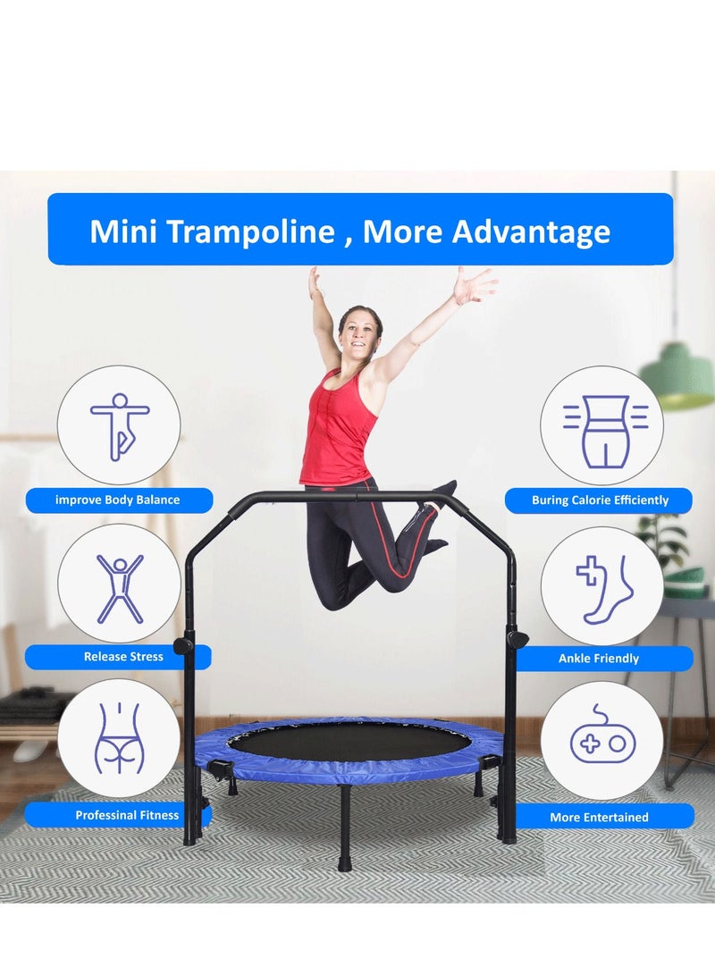 Foldable Mini Trampoline For Adults/Kids | Fitness Trampoline Rebounder With Adjustable Foam Handle | 150kg Max User Weight