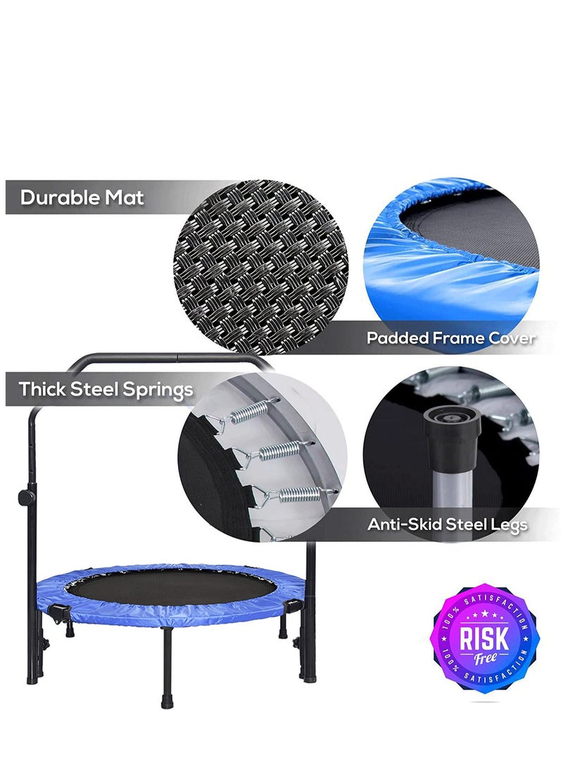 Foldable Mini Trampoline For Adults/Kids | Fitness Trampoline Rebounder With Adjustable Foam Handle | 150kg Max User Weight