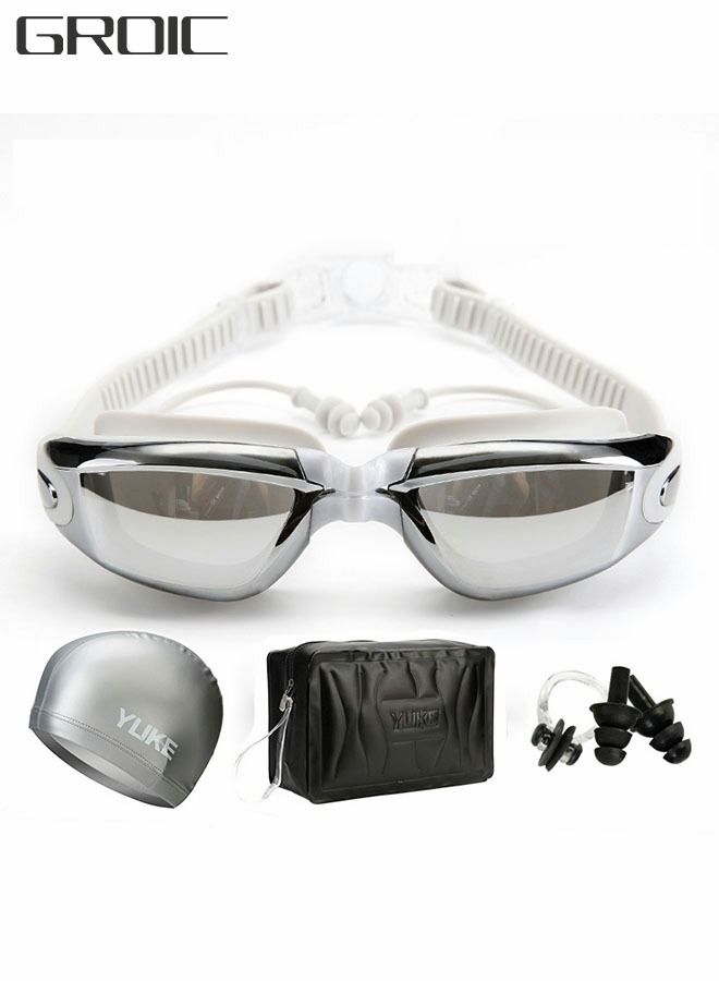 5 Pieces Adjustable Swimming Goggles Sets Anti-Leak, Anti-Fog,with Swimming Cap,Nose Clip Ear Plugs,Waterproof Bag Case , Suitable for Adult Men ,Women ,Teenagers,Beginners, Professionals