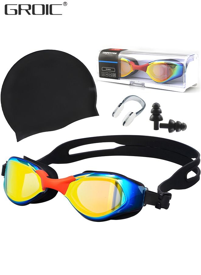 5-PCs Adults Swim Set Including Swim Goggles, Swimming Caps, Ear Plug, Nose Clip and Storage Box, Anti Fog Swim Goggles with Silicone Nose Clip Ear Plugs No Leaking for Adults