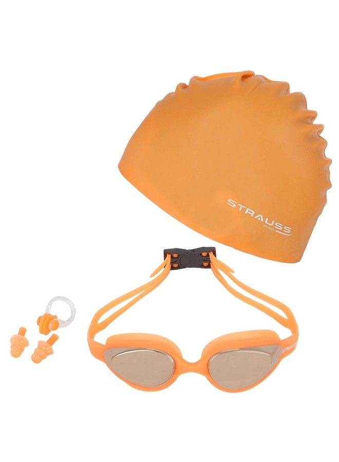 Swimming Goggles Set With Uv And Anti Fog Protection ; Swimming Kit Of Gogglescapearplug & Nose Plug Set Ideal For All Age Group ; Fully Adjustable ; (Orange)