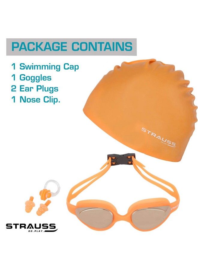 Swimming Goggles Set With Uv And Anti Fog Protection ; Swimming Kit Of Gogglescapearplug & Nose Plug Set Ideal For All Age Group ; Fully Adjustable ; (Orange)