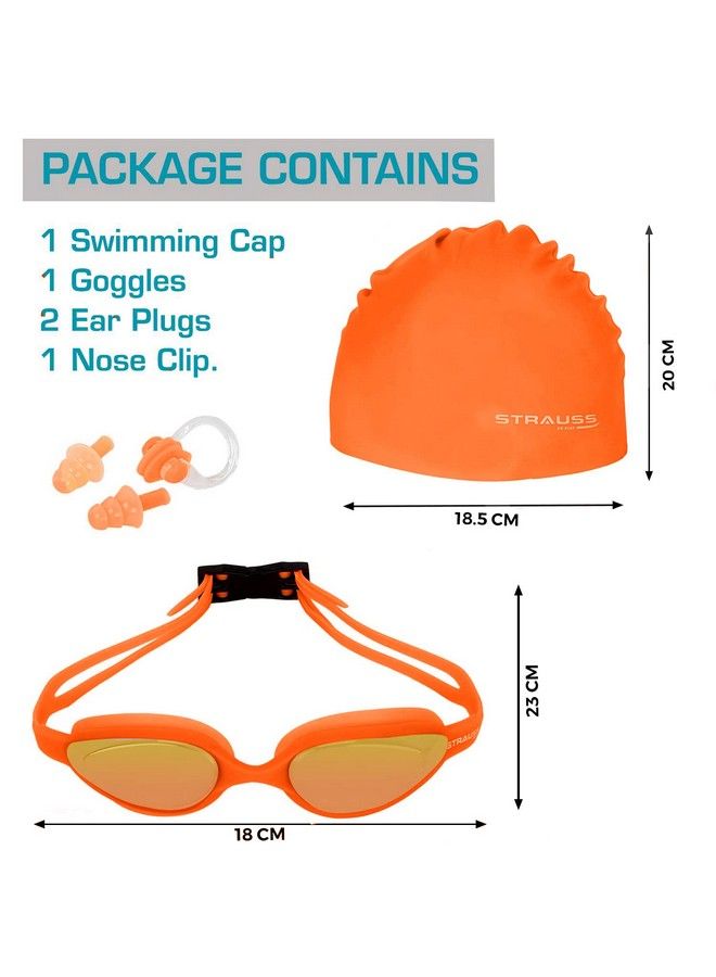 Swimming Goggles Set With Uv And Anti Fog Protection ; Swimming Kit Of Gogglescapearplug & Nose Plug Set Ideal For All Age Group ; Fully Adjustable ; (Orange)