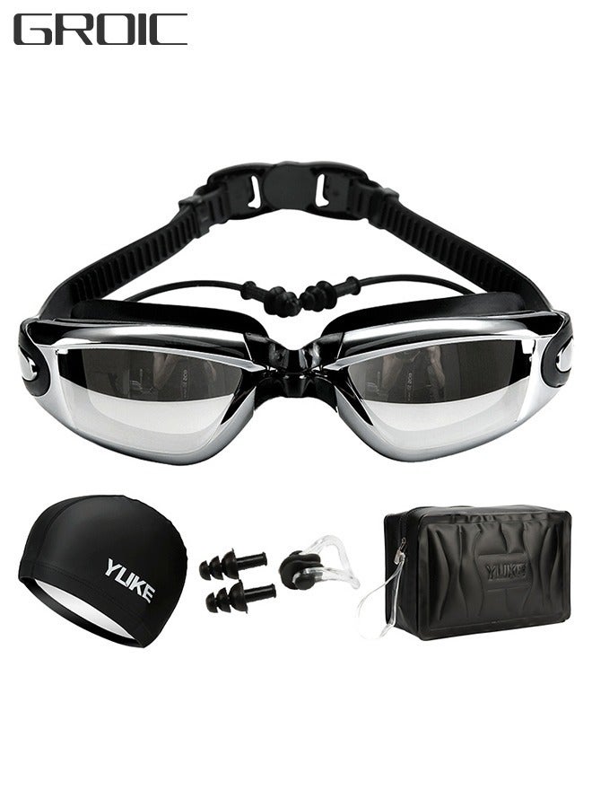 5 Pieces Adjustable Swimming Goggles Sets Anti-Leak, Anti-Fog,with Swimming Cap,Nose Clip Ear Plugs,Waterproof Bag Case , Suitable for Adult Men ,Women ,Teenagers,Beginners, Professionals