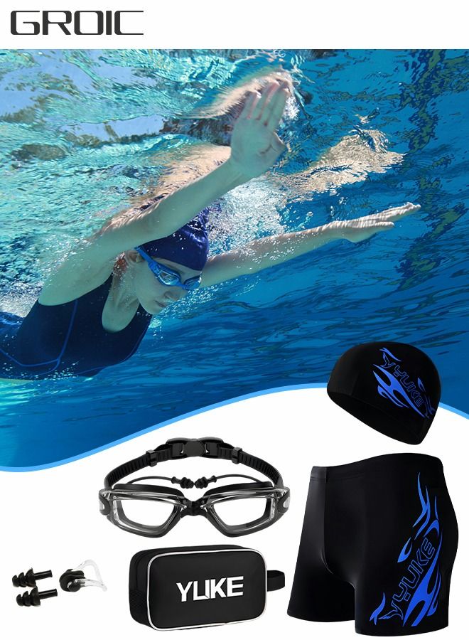 Swimming Goggles Set, Swim Cap Anti Fog UV Sunglasses Swim Goggle Kit,Swimming Trunks,No Leaking with Nose Clip, Earplugs and Storage Bag,Swimming Suit