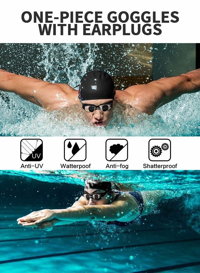 Swimming Goggles Set, Swim Cap Anti Fog UV Sunglasses Swim Goggle Kit,Swimming Trunks,No Leaking with Nose Clip, Earplugs and Storage Bag,Swimming Suit
